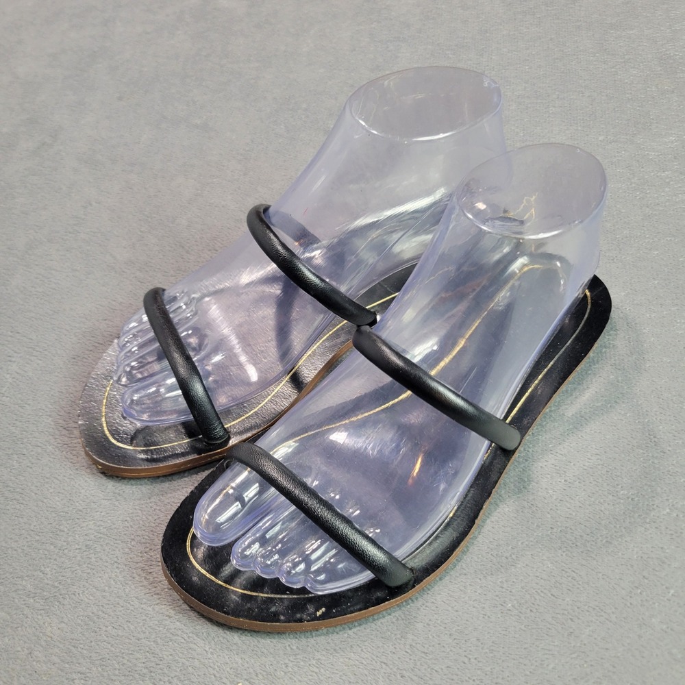 J.Crew Sandals Womens 7 Black Leather Two Strap Slide Minimalist Flat S51